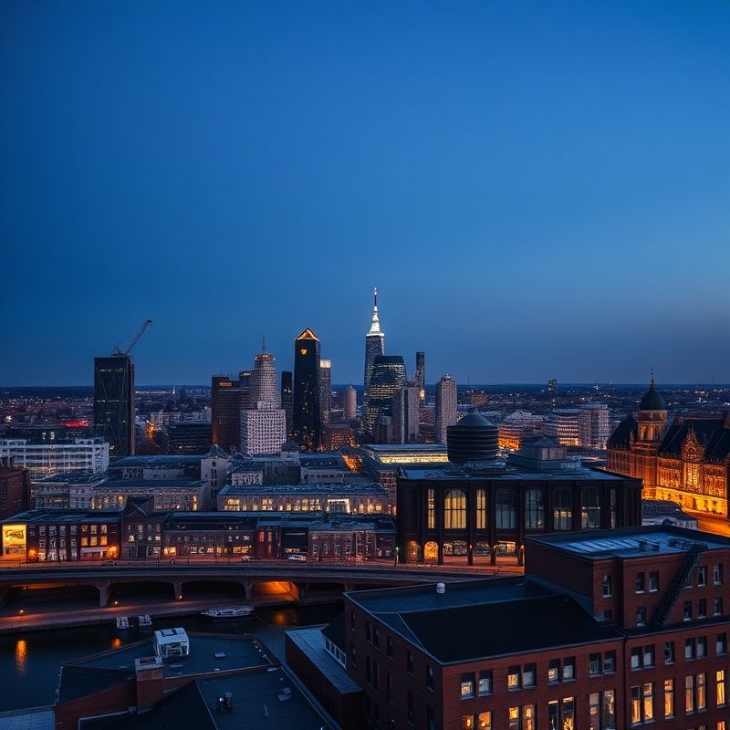 Luchtfoto van de skyline van Eindhoven met indigo-getinte hemel