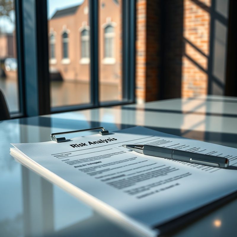 Risicoanalyse document op een strak indigo-getint bureau