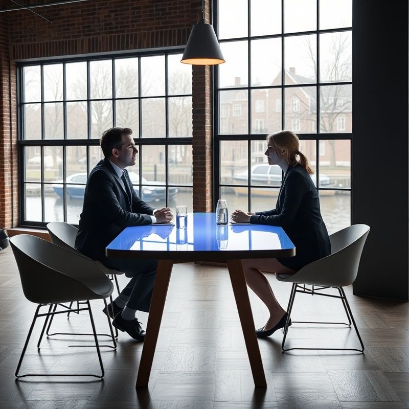 Twee professionals in gesprek aan een strakke indigo-verlichte tafel