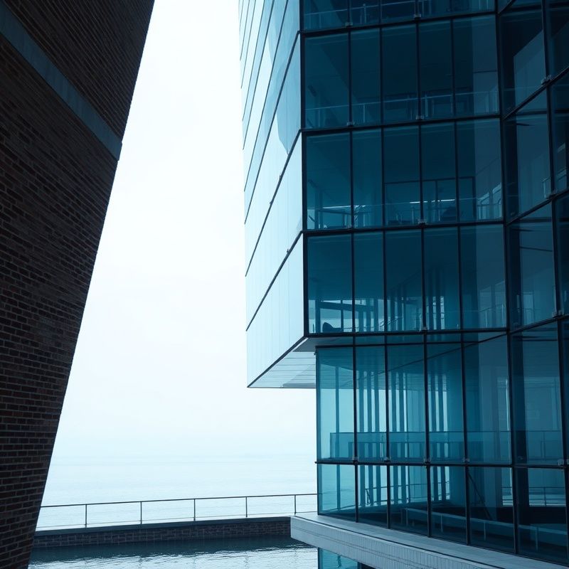 Gelaagde architectonische structuur van glas en staal met indigo tinten